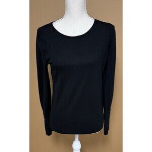 TALBOTS GATHERED SLEEVE BLACK MERINO SWEATER MEDIUM 6 BUTTON CUFFS